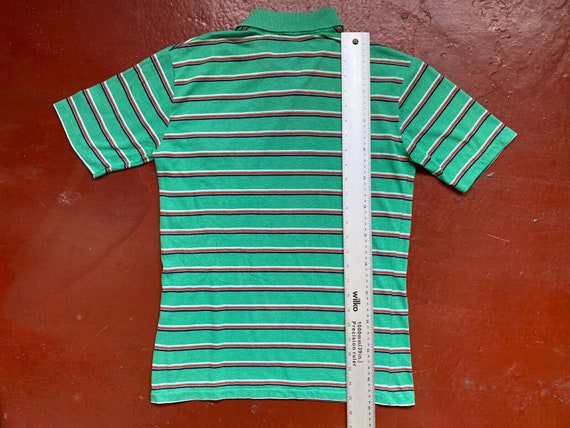 1970s - 80s Single stitch Green striped polo butt… - image 6