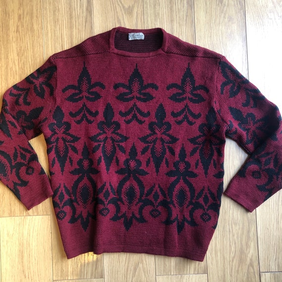 1960s 70s pure wool patterned burgundy and black … - image 2