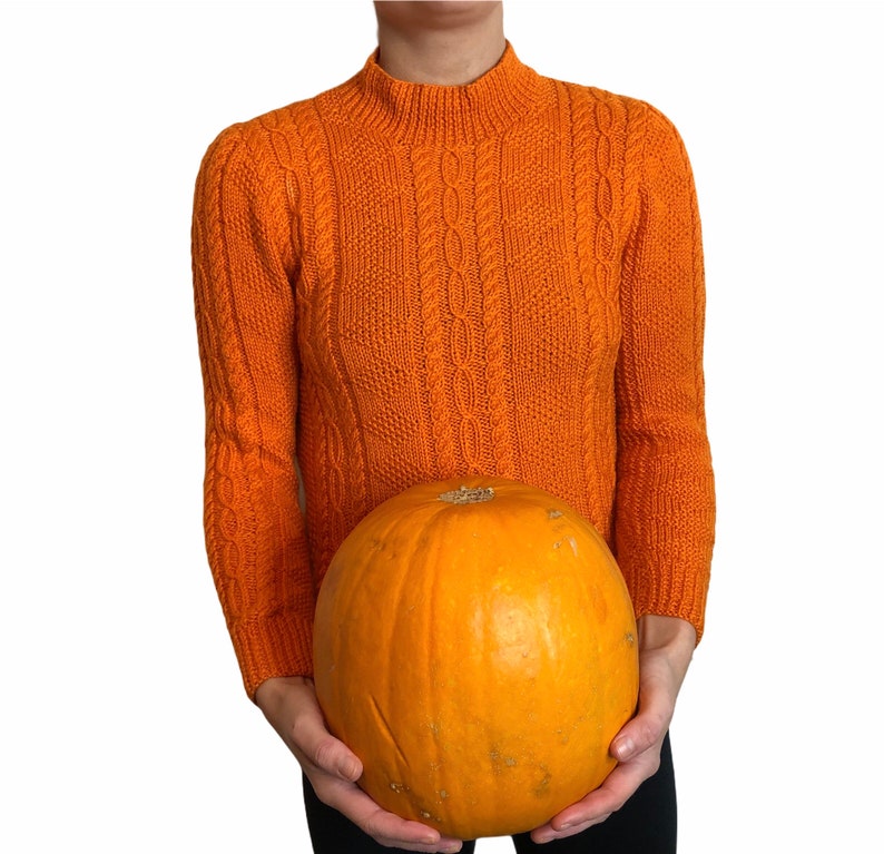Vintage ladies women\u2019s handknitted hand knit wool pumpkin orange arran winter festive jumper fisherman 60s 70s size medium