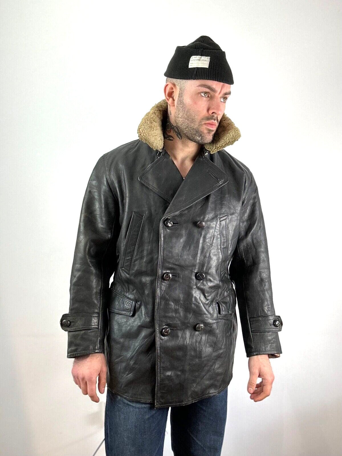 1950s double breasted Black leather coat barnstormer fur sheepskin collar L