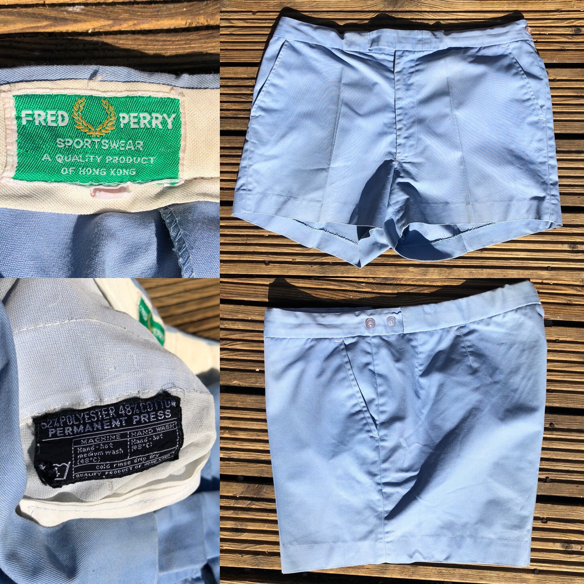 Image of 1970S 70S Fred Perry Vintage Sports Shorts Tennis Side Adjusters Baby Blue Permanent Press Mod Suedehead Gym Rare W 38"
