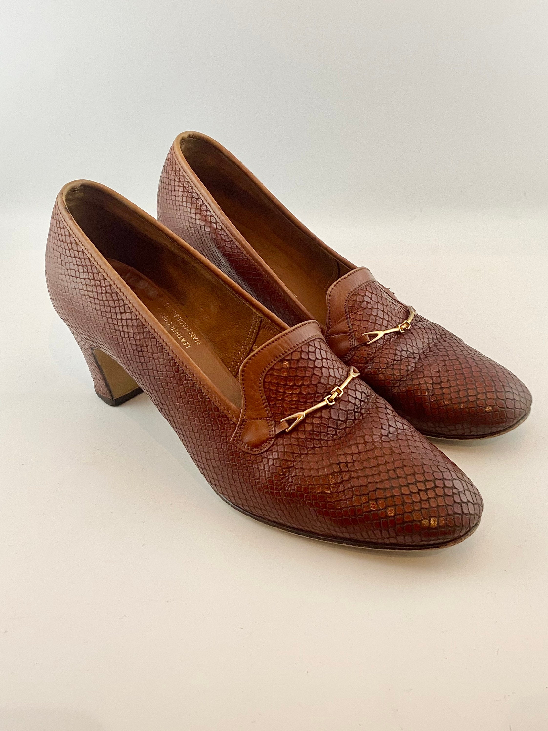1950s 60s Church churches ladies made in england english faux snakeskin exotic brown heeled slip on horsebit shoes UK 6