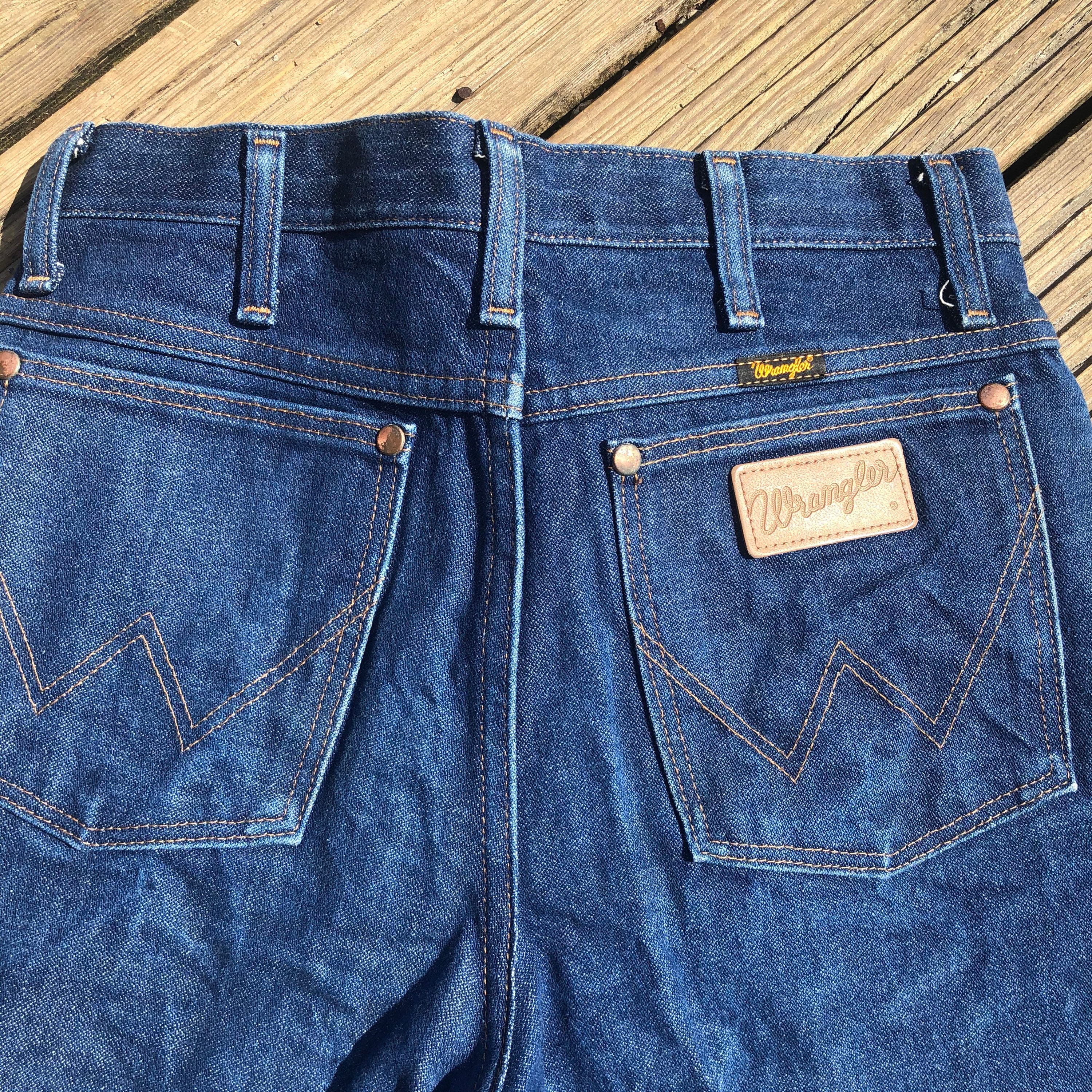 Image of 1980S Wrangler Dark Mid Wash Denim Jeans Straight Cut Americana Western 50S 60S 70S Style Zip Fly W 30" L 32"