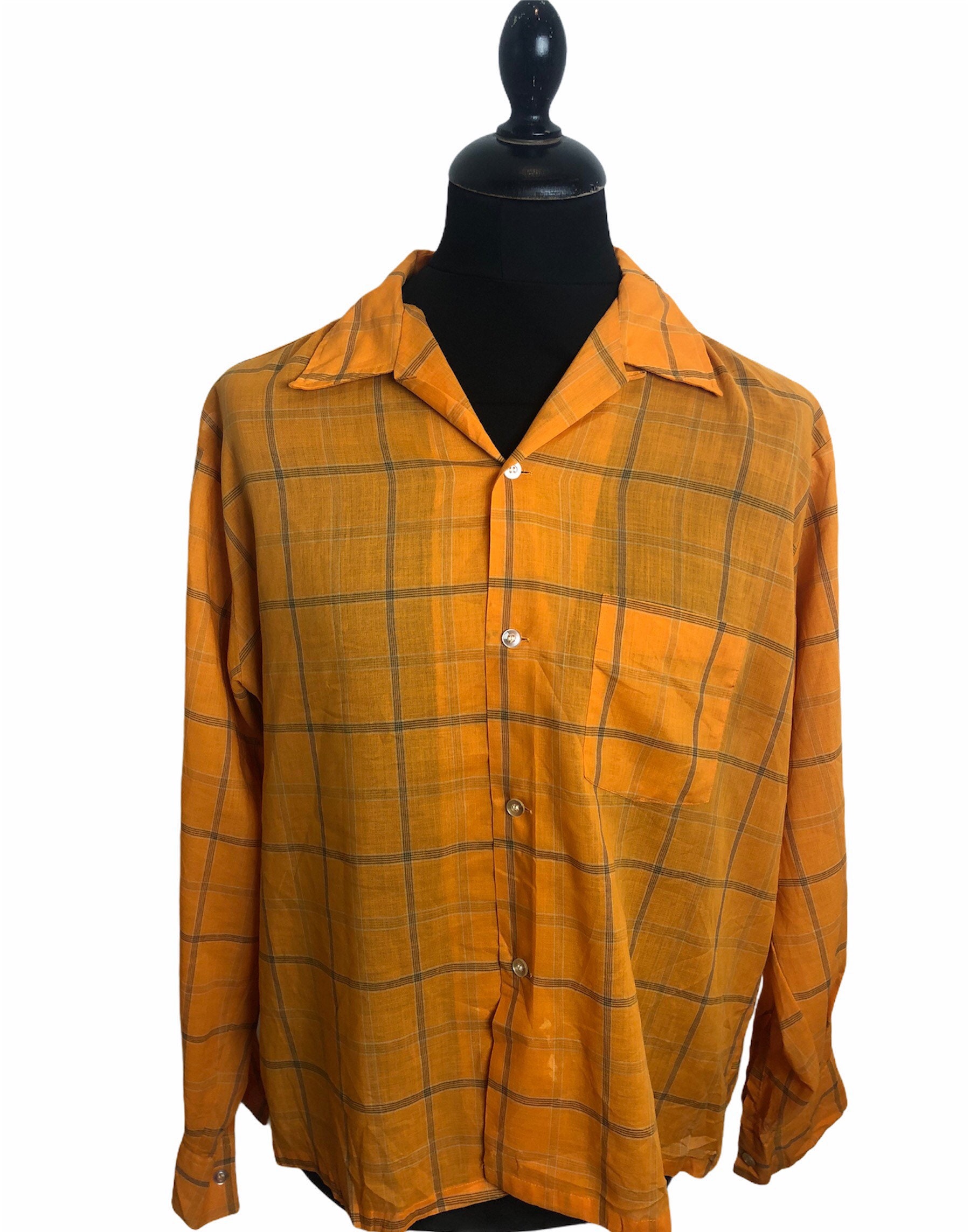Image of 1950S 50S 60S Loop Camp Spread Collar Plaid Orange Check Shirt Rockabilly Rnr Ivy League Preppy Mod Long Sleeve Size Large 16"