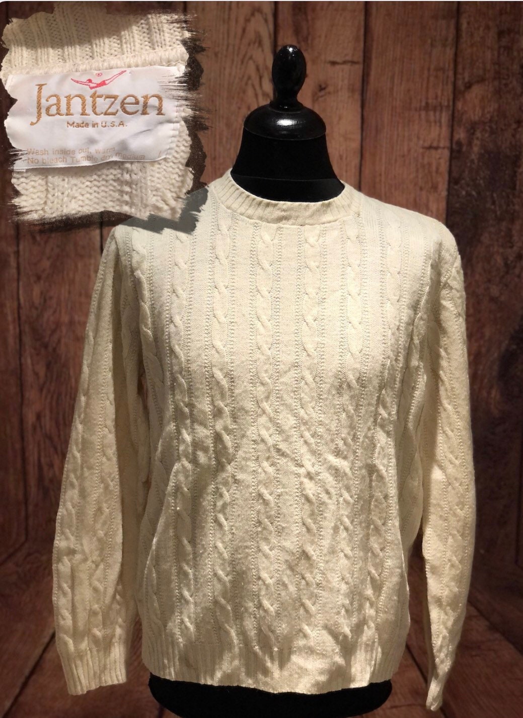 Image of 1960S 60S 70S Jantzen Made in Usa Cream White Crew Neck Arran Knit Thin Wool Pullover Sweater Jumper Preppy Ivy Mod Nautical Size Large