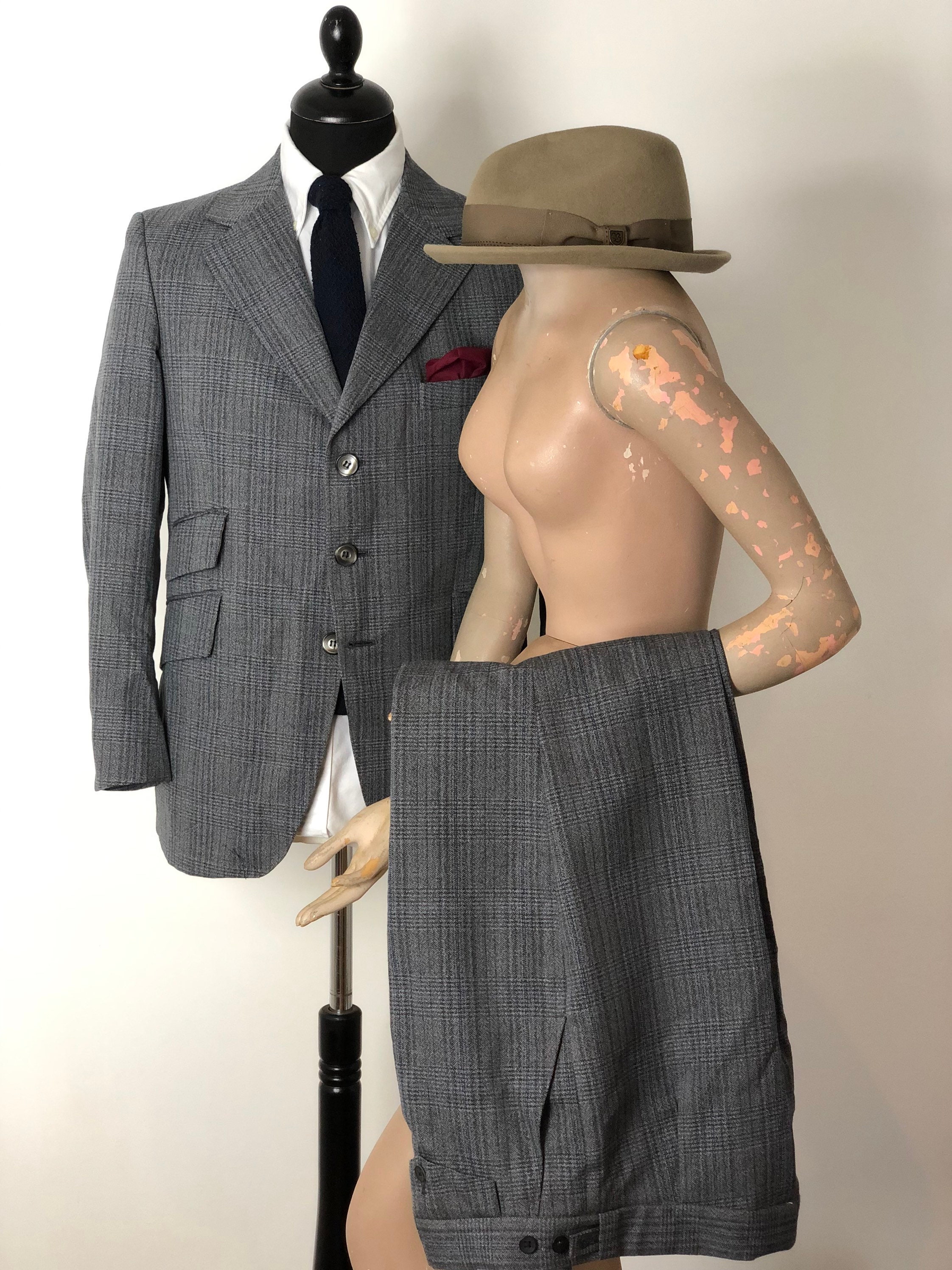 Image of 1960S 60S Made in Britain Jackson The Tailor Heavy Worsted Grey Blue Check Pow 50S 40S Style 3 Button Mod Ticket Pocket Side Adjuster 38" S