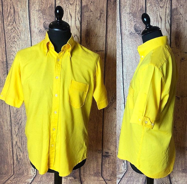 Image of 1960S 60S 1970S 70S Polycotton Bright Yellow Skinhead Mod Suedehead Swinging Button Down Shirt Like Jaytex Jon Wood Medium 16"