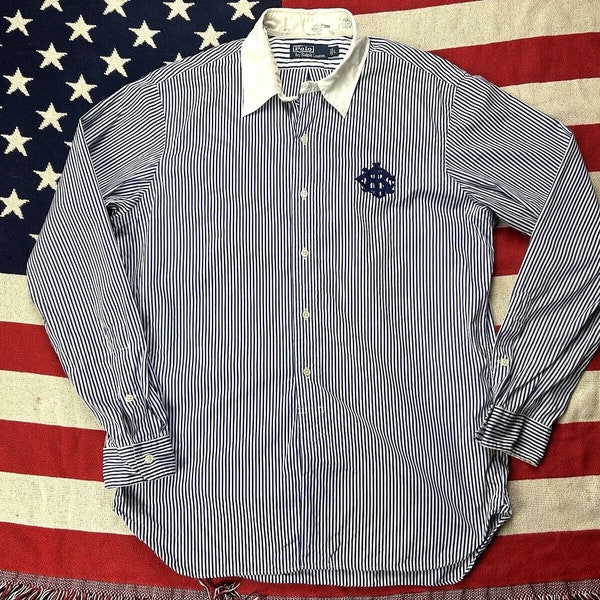 Polo Ralph Lauren bengal stripe shirt contrast collar crested RRL preppy Large