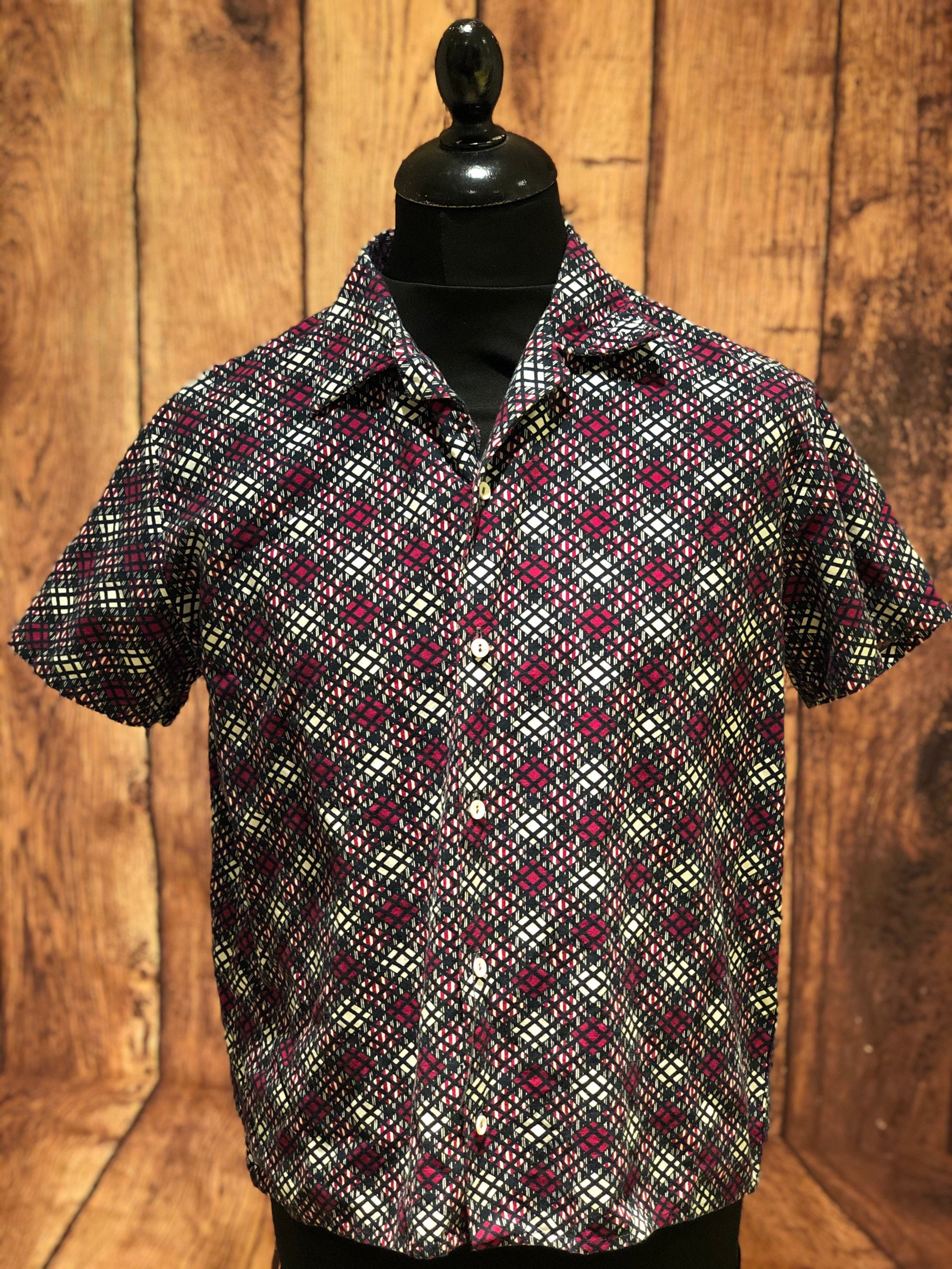 Image of 60S 70S Does 1950S 50S Short Sleeve Geometric Check Camp Leisure Shirt Beach Summer Print Rockabilly Mod Medium