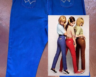 Jean Wrangler bluebell pour femmes avec pantalon en coton bleu marine des années 60, États-Unis W36 XL