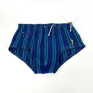Zwemshorts uit de jaren 40 en 50 blauw groen gestreepte zwembroek heren, groot W36