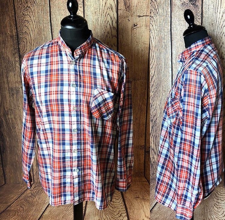 Image of 1960S 60S Perma Permanent Press Check Grandad Collar Collarless Union Shirt Skinhead Mod Swinging Size 16" Large