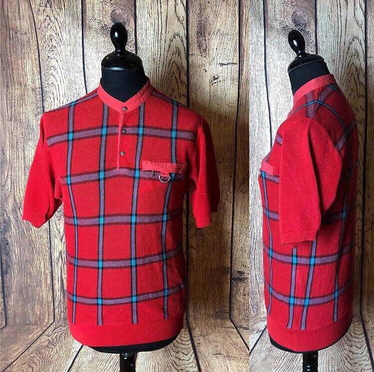 Image of 1970S 70S Red Mesh Knitted Check Shirt Sleeve Polo Popper Buttons Grandad Collar Mod Ivy Trad Beachwear Swimwear Summer Size Medium 40"