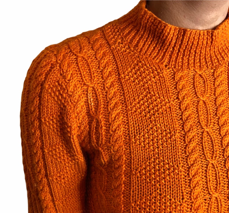 Vintage ladies women\u2019s handknitted hand knit wool pumpkin orange arran winter festive jumper fisherman 60s 70s size medium