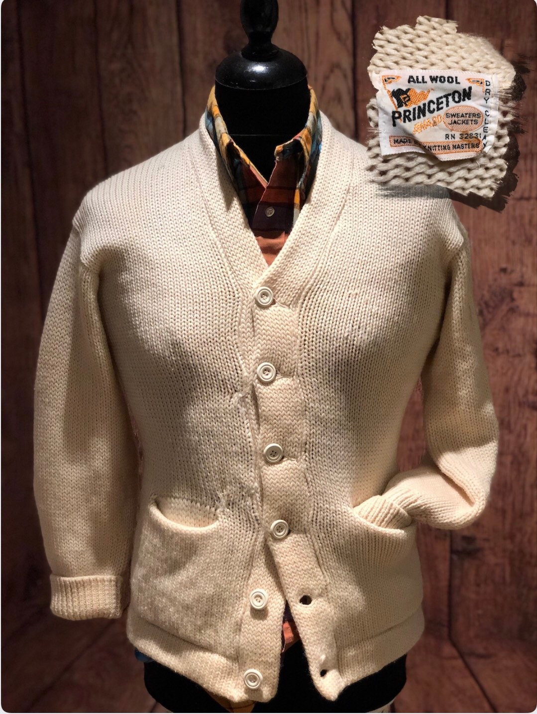 Image of 1960S 60S Men’S Cream Varsity Chunky College Knit Letterman Sweater Jumper Ivy League Rockabilly 30S 40S 50S Smart Trad Pure Wool Usa Xs