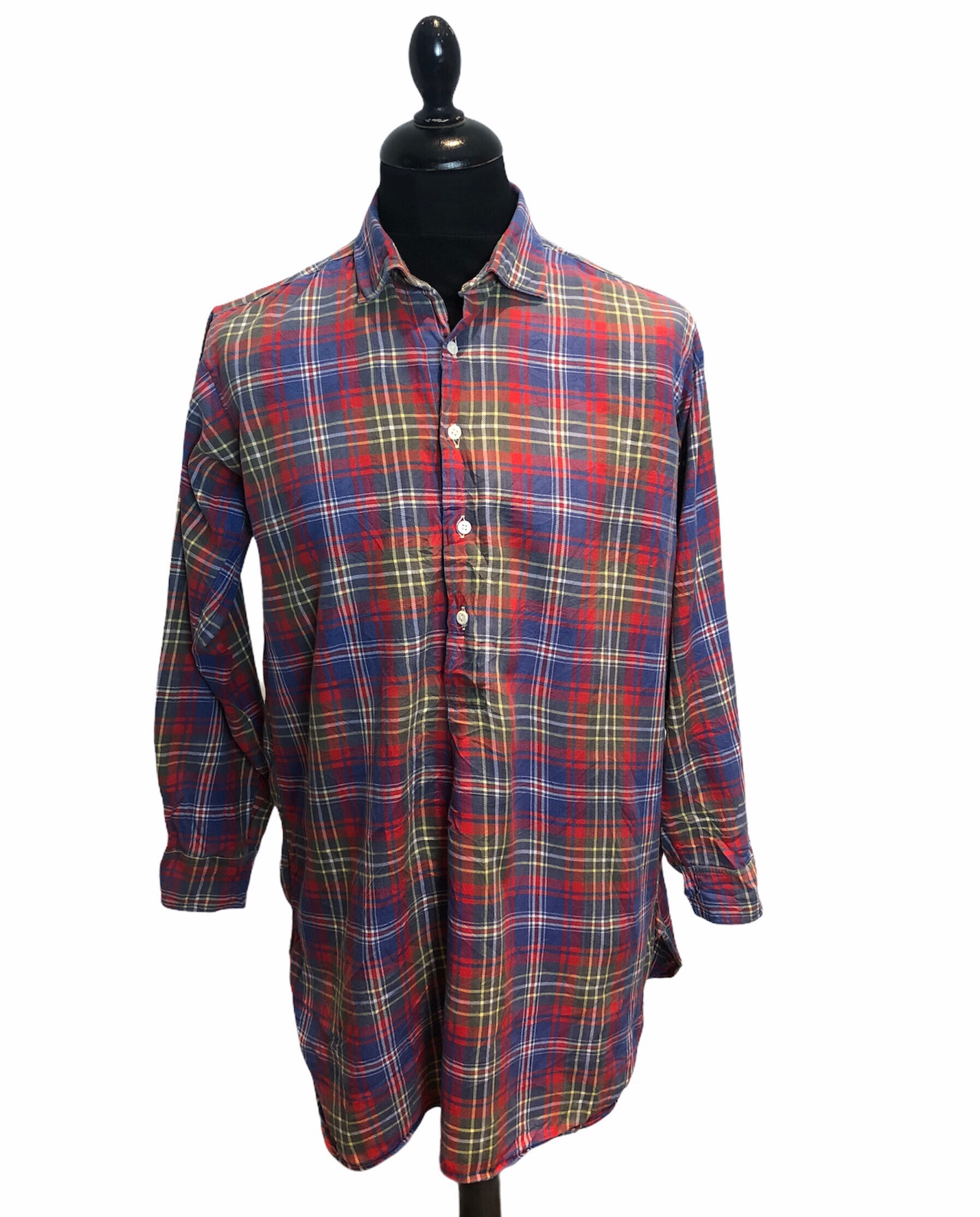 Image of 1940S 40S 50S Half Placket Flannel Cotton Tartan Check Pullover Chore Workwear Work Shirt Popover Medium 15.5"