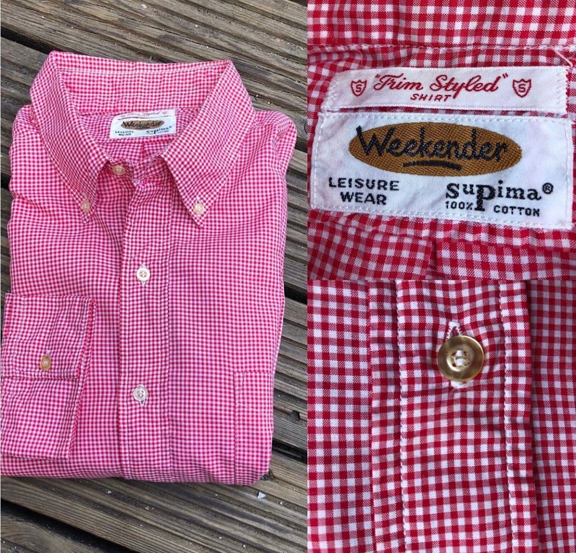 Image of 1960S 60S Ivy League Red Pure Cotton Gingham Usa Button Down Preppy Trad Suedehead Mod Like Brooks Brothers Jpress Gant Xlarge