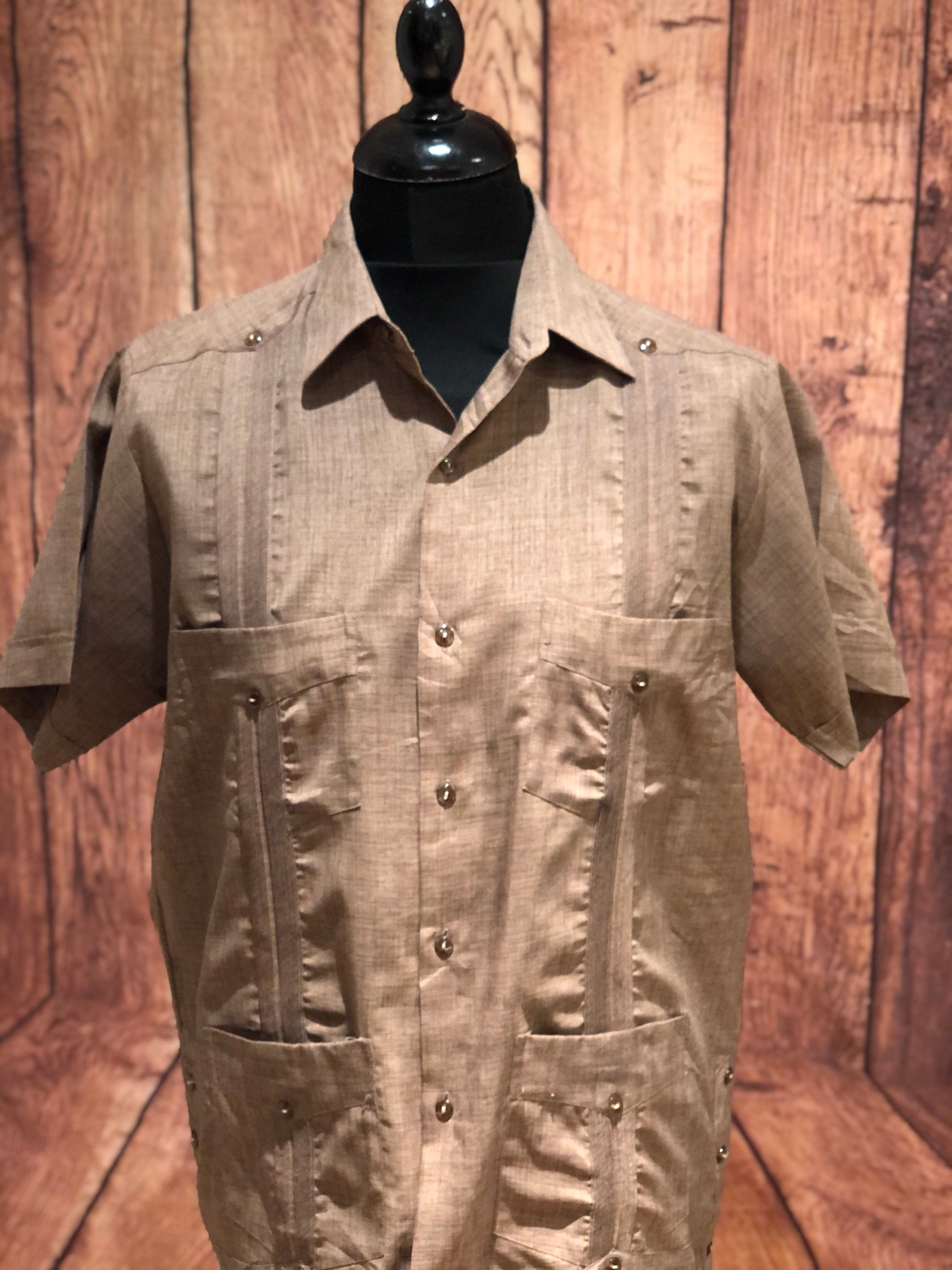 Image of 1960S 60S 70S Guayabera Light Brown Summer Tropical Beach Mod Shirt Size Large