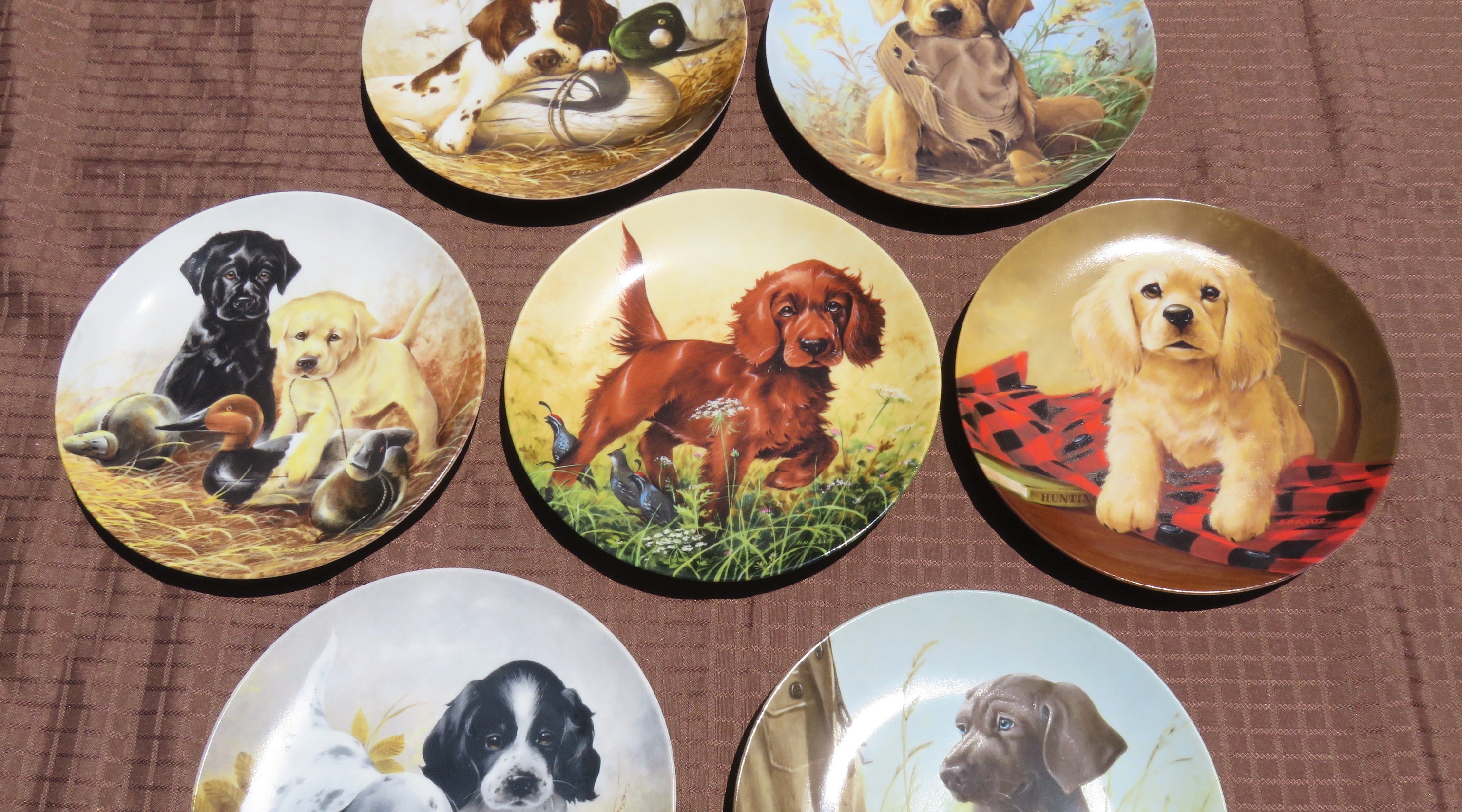 アンティーク雑貨  the puppy collection 747 Set of 7 Field Puppies Plate Collection // Lynn Kaatz 1980's Field