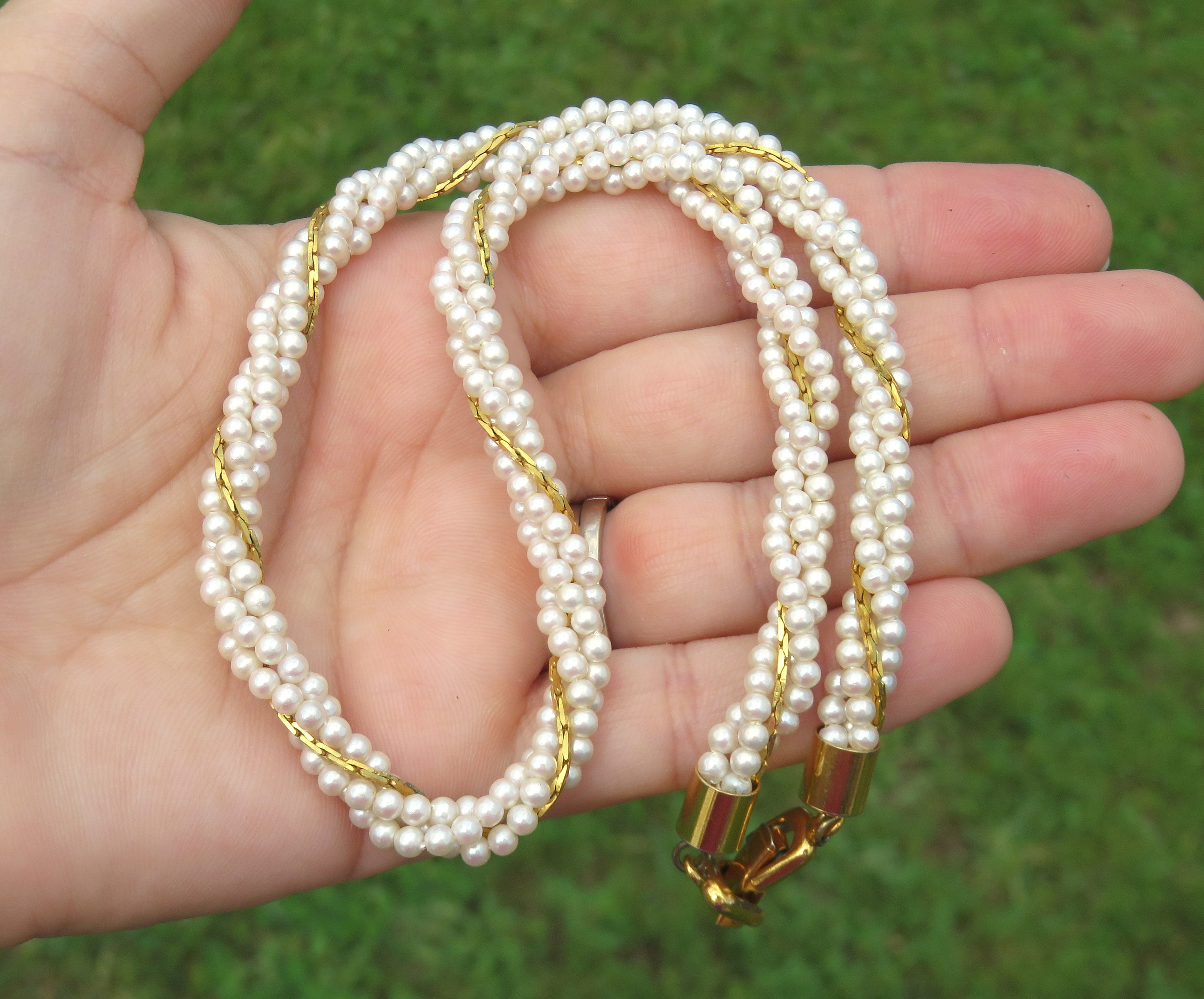 Vintage Pearl and Gold Chain Necklace // Four Strand Pearl Necklace // Pearl and Gold Chain