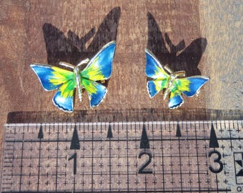 Pair of Two Vintage Butterfly Brooches // Blue & Green Enamel Butterfly Pins // Butterfly Jewelry