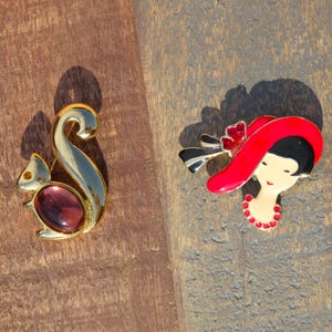 Vintage Red Hat Girl Brooch // Vintage Squirrel Brooch  // Choice of Two Vintage Gold Brooches Unsigned