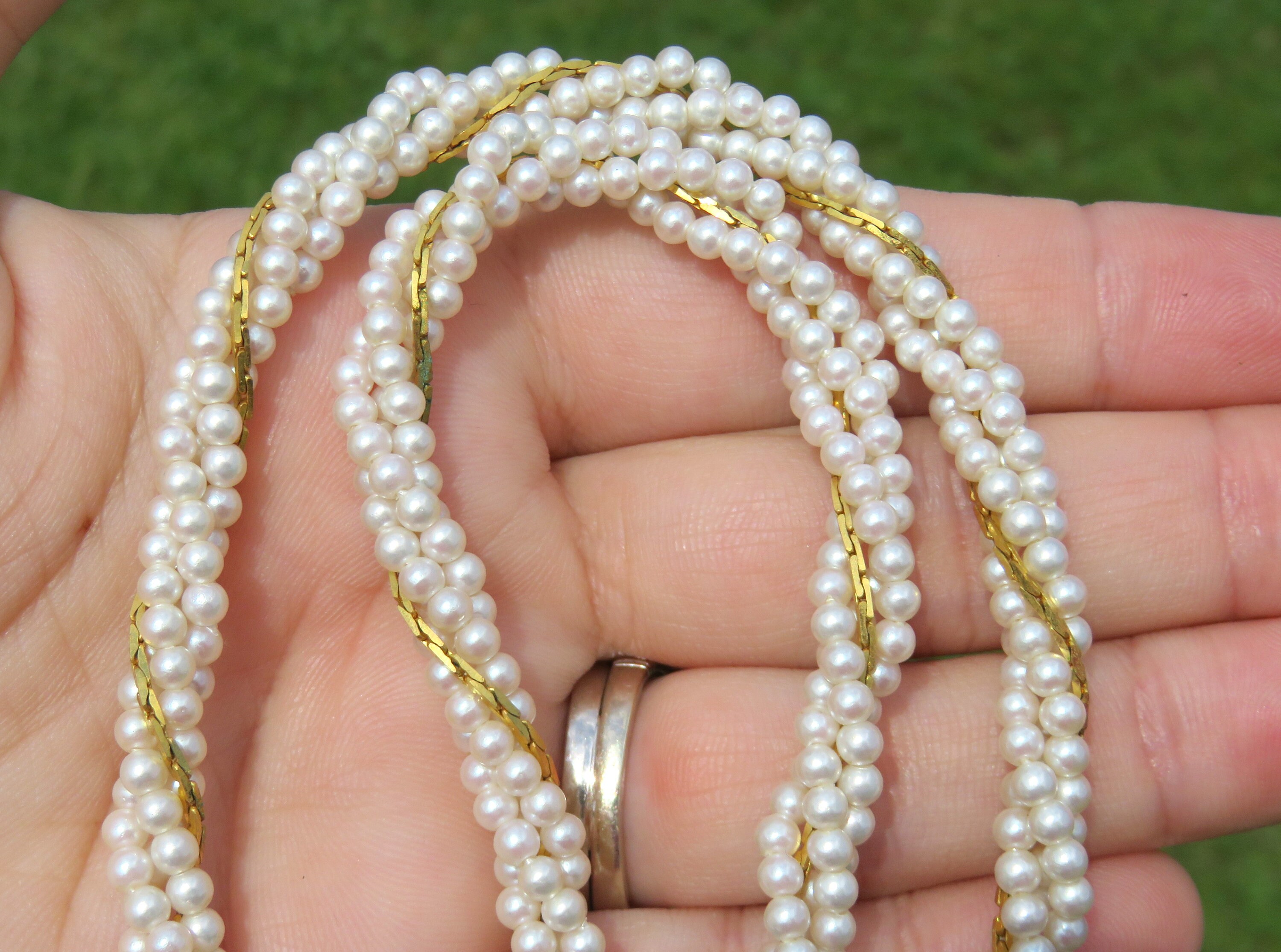 Vintage Pearl and Gold Chain Necklace // Four Strand Pearl Necklace // Pearl and Gold Chain