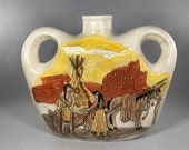 Vintage Double Handled Pottery Hand Painted Vase Jug 3D Native American Scene