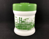 Vintage Milk Glass Tobacco Canister Green Cigar Humidor Jar with Steamboat Scene
