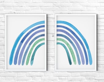 Blue Rainbow Nursery Set of 2 Prints, Watercolour Rainbow Prints, Rainbow Decor