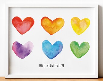 LGBTQ Pride Print, Love is Love Watercolour Rainbow Heart Print,