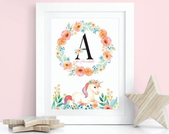 Unicorn Print, Name art, Newborn gift, Baby Girl gift, floral Art, Pink nursery decor, girls nursery print, personalised print, watercolour