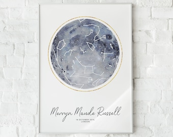 Custom Moon Star Map – Night Sky Print with Name & Date | Blue Grey Watercolour | New Baby, Wedding, Memorial or Anniversary Gift