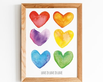 Love is Love Watercolour Rainbow Heart Print, LGBTQ Pride Print,