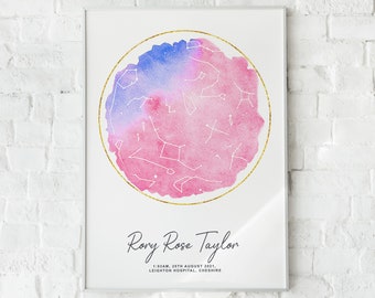 Personalised Star Map Print – Pink & Purple Watercolour | Custom Night Sky | Birth, Wedding or Anniversary Gift | A4 or A3 Wall Art