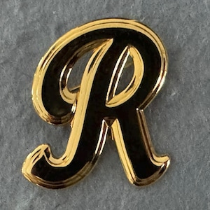 Broche inicial R vintage, broche de letra R, joias de alfabeto, broche de letra R inicial de metal dourado polido