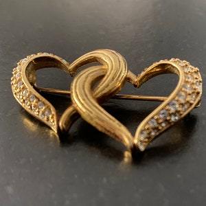 Signed SWAROVSKI Crystal Double Heart Brooch Pin, Swan Logo Gold Metal Clear Crystal Enhanced Brooch, Vintage Designer Brooch Romantic Gift