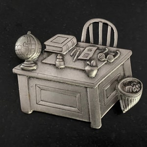 Vintage JJ School Teacher Desk Brooch. Signed JJ Jonette Jewelry Pewter Finish Teacher Desk Сhair Brooch. Gift For Teacher Brooch Pin.