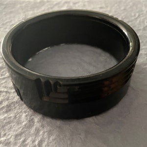 Vintage Black Old Plastic Bangle Bracelet. Wide Black Bracelet with Geometric Stripes. Statement Chunky Retro Bangle Bracelet.