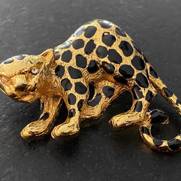 Spoontiques Pin Art Leopard Brooch, Black Enamel Spots Rhinestone Eyes Leopard Brooch, Dimensional 3D Animal Brooch Pin, Cat Lovers Jewelry