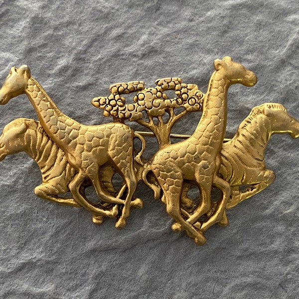 Vintage AJC Giraffe and Zebra Brooch, Gold Tone Large Figural Brooch Pin. Signed AJC Safari Animal Jewelry Unisex Brooch Pin