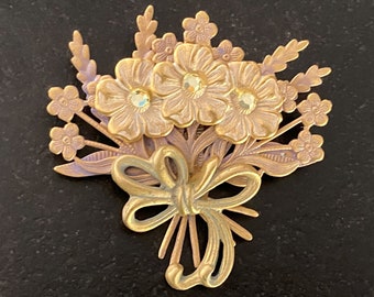 Vintage Metallic Wash Enamel Flower Bouquet Brooch. Statement Floral Brooch Pin.