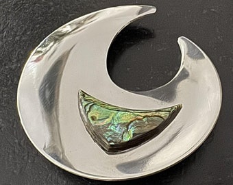 Modernist Peak England Stainless Steel Abalone Shell Brooch, Vintage Abalone shell stainless steel silver tone brooch pin