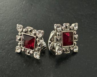 Vintage AVON Garnet Rhinestone Clip On Earrings, Clear & Red Rhinestone Silver Tone Clip On Earrings