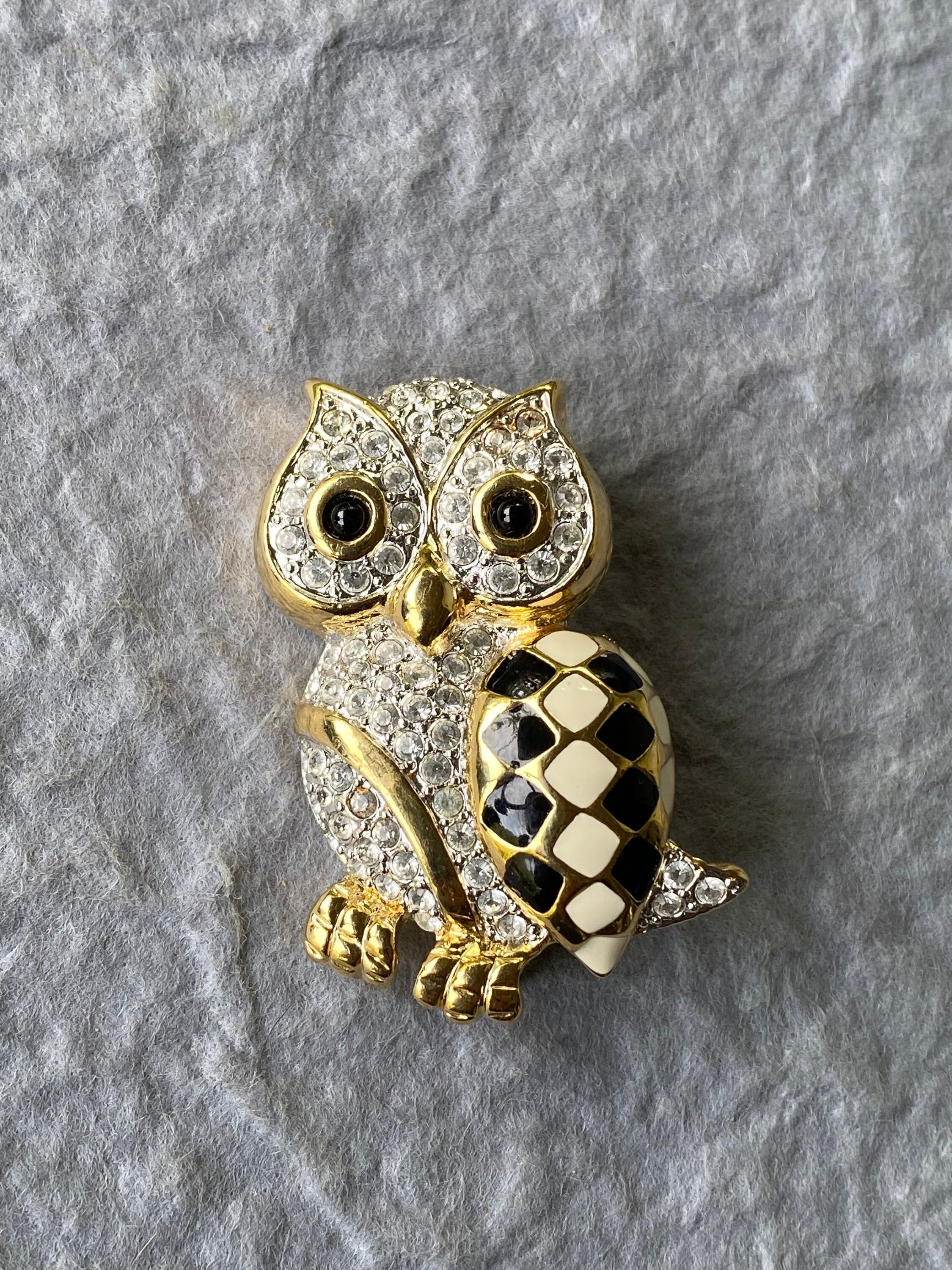 Vintage CIRO Signed OWL Brooch, Vintage Enamel and Clear Rhinestone Owl Brooch Pin, Gold Tone Animal