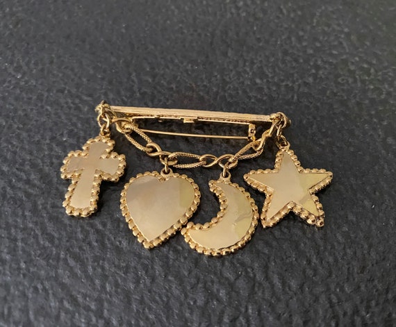 Vintage Silver Heart Star Bar Charm Chatelaine Brooch Pin