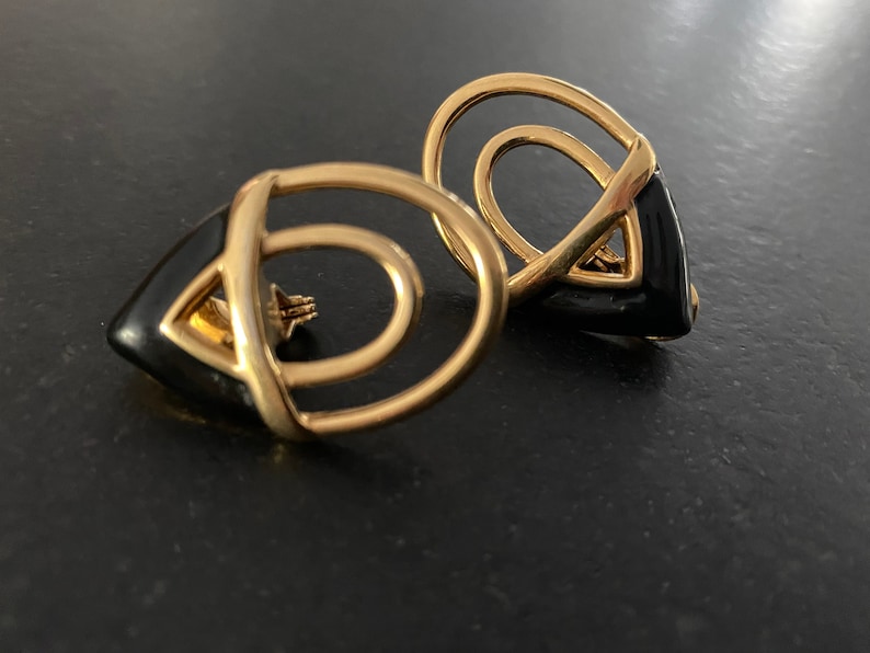 Signed Monet Abstract Gold Tone Earrings. Black Enamel Golden Metal Open Work Statement Earrings Vintage Monet Large Clip On Earrings