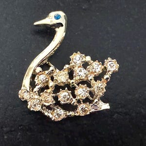 Vintage Rhinestone Swan Brooch, Blue Rhinestone Eye Swan Pin, Open Work Gold Tone Animal Bird Brooch Pin
