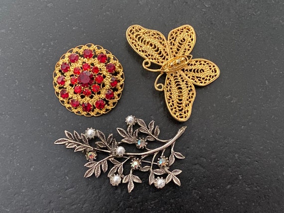 Lot 3 Vintage Brooches, Red Glass Czech Rhineston… - image 1