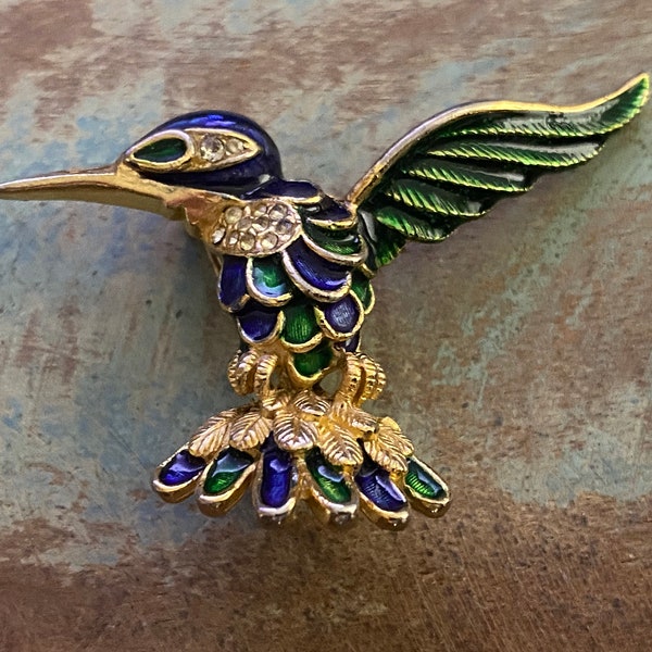 Vintage SPHINX Hummingbird Brooch, Unsigned but Numbered A1622, Blue and Green Enamel Clear Rhinestone Gold Tone Bird Brooch Pin